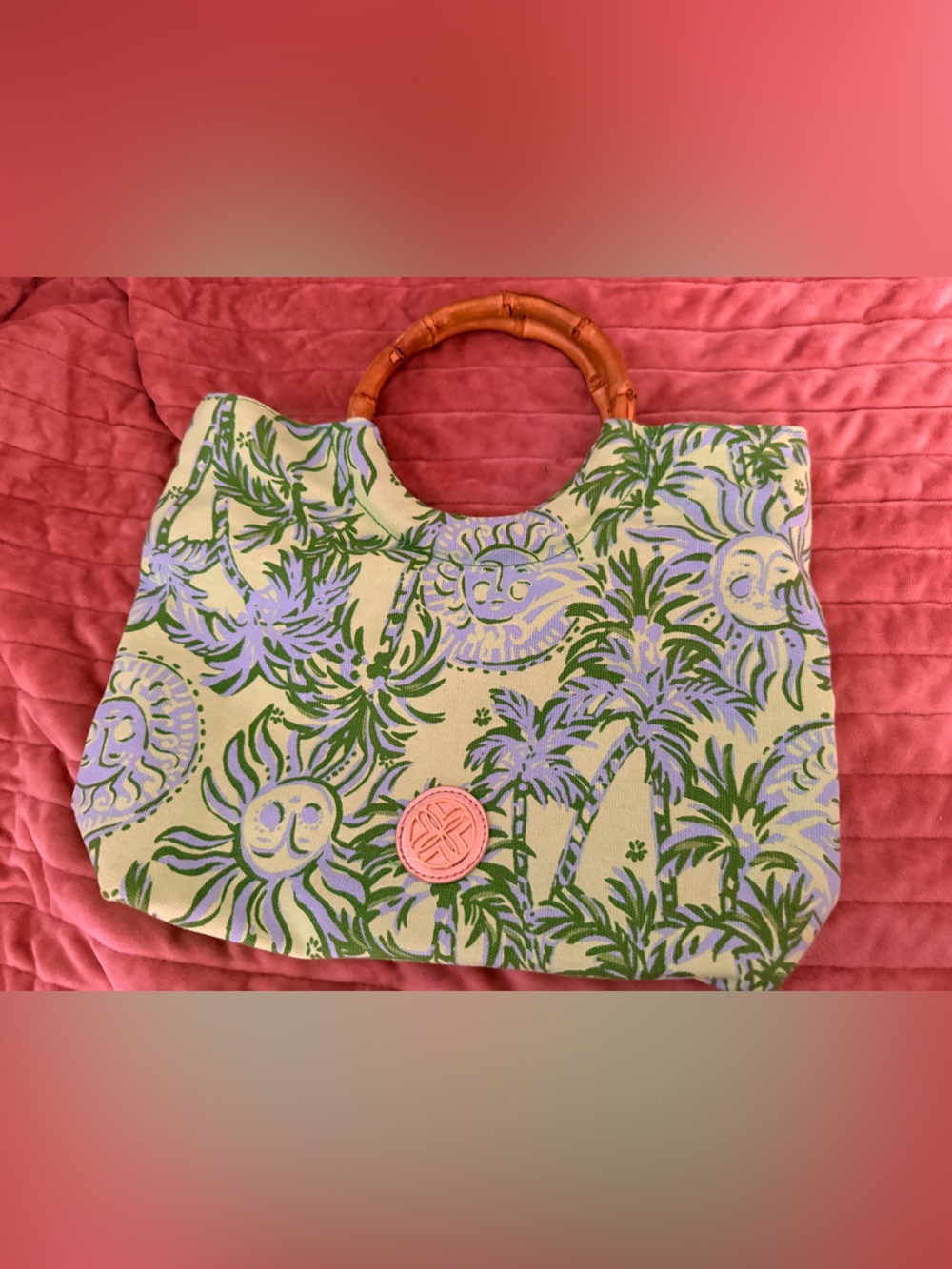 Lilly Pulitzer Catchin Rays Bamboo Handle Tote NWOT